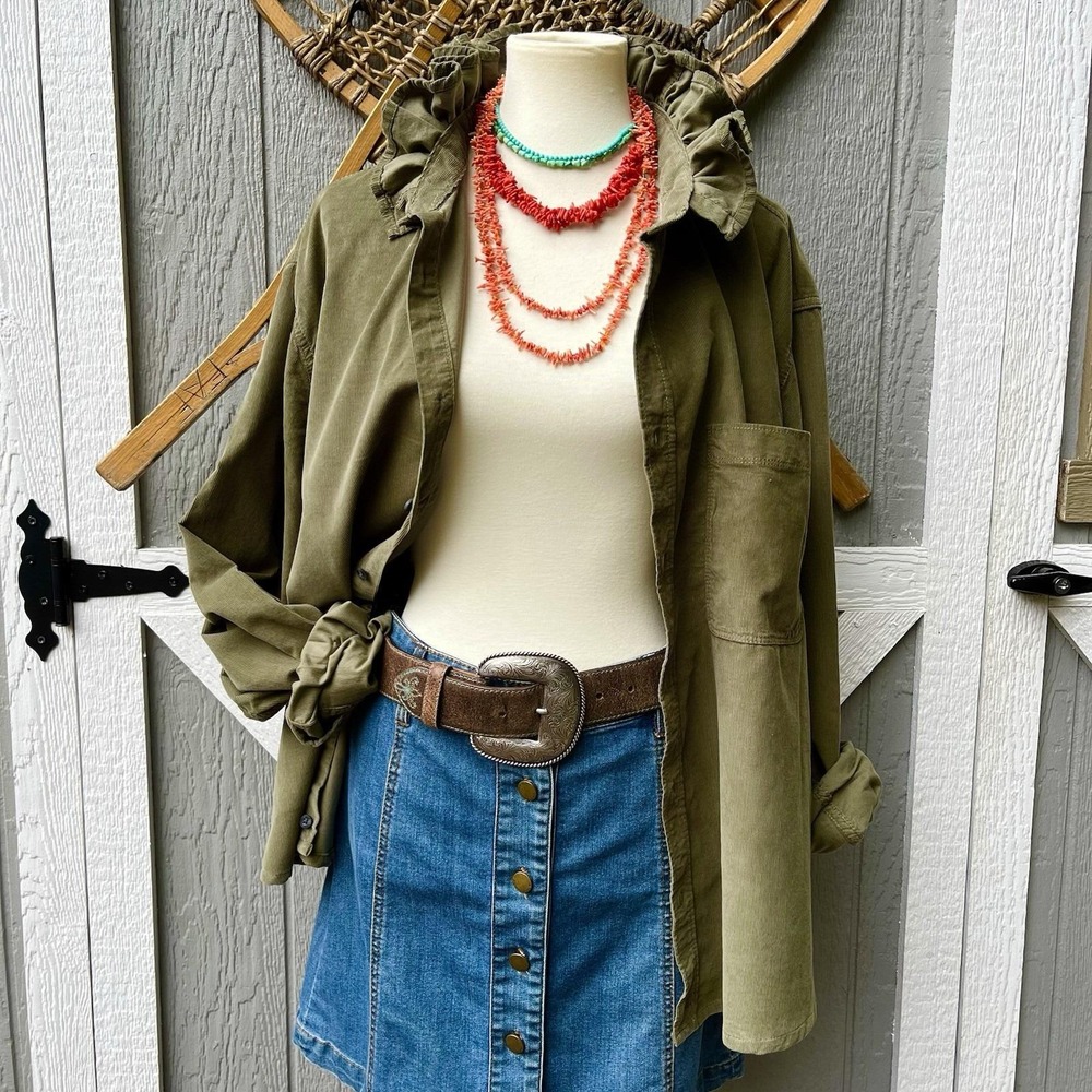 Upcycled Army Green Pinwale Corduroy Cabincore Ruffle Collar Shacket Shirt 3XL